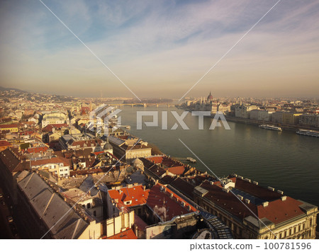 Panoramic view from above on landmarks of Budapest at summer sunset, Hungary Panoramic view from above on landmarks of Budapest at summer sunset, Hungary 100781596