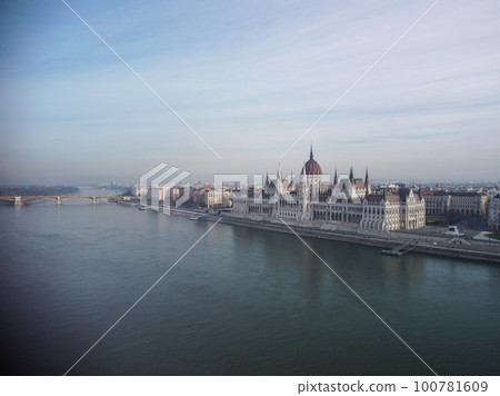 Panoramic view from above on landmarks of Budapest at summer sunset, Hungary 100781609