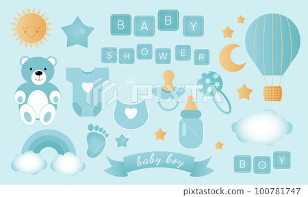 Baby shower set on blue background. It s a boy. Baby shower set on blue background. It s a boy. 100781747