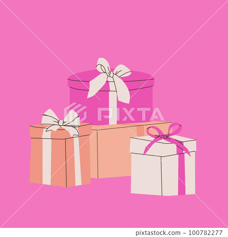 Composition of various gift boxes with bows. Vector flat isolated illustration for design. Pink, beige and white colors. Composition of various gift boxes with bows. Vector flat isolated illustration for design. Pink, beige and white colors. 100782277