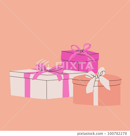 Composition of various gift boxes with bows. Vector flat isolated illustration for design. Pink, beige and white colors. Composition of various gift boxes with bows. Vector flat isolated illustration for design. Pink, beige and white colors. 100782278