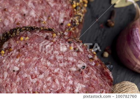 Sliced salami using pork meat with spices Sliced salami using pork meat with spices 100782760