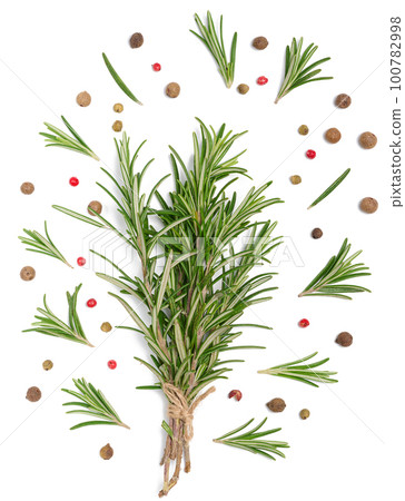 Rosemary branches tied with rope, aromatic pepper, black and red pepper on a white isolated background, culinary spices Rosemary branches tied with rope, aromatic pepper, black and red pepper on a white isolated background, culinary spices 100782998
