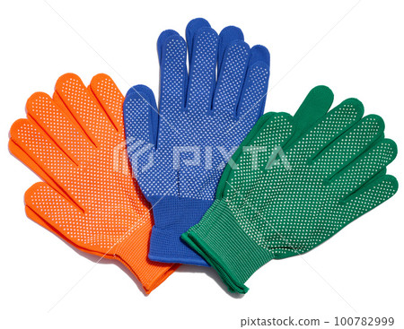 Textile work gloves on a white background. Protective clothing for manual workers, top view 100782999