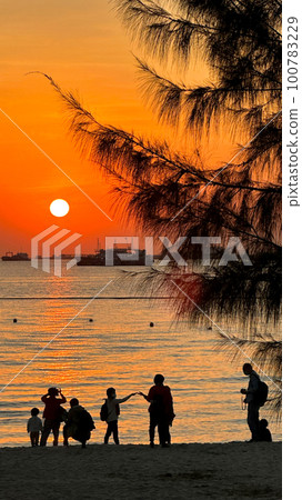 Vertical silhouette of tree, boat, group people on beach with sun and ocean at sunset 100783229