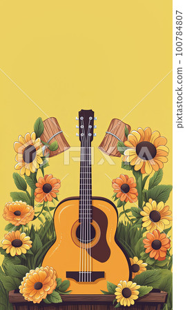 Country music festival poster with acoustic guitar and sunflowers on yellow background with copy space. Floral illustration with for music event Country music festival poster with acoustic guitar and sunflowers on yellow background with copy space. Floral illustration with for music event 100784807