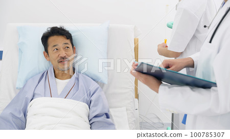 住院病人在床上與醫生交談 100785307