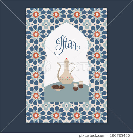 Iftar dinner menu card, invitation. Hand drawn dallah coffee pot, date fruit and Turkish tea. Moroccan star shaped pattern, vector tile background. Ramadan Kareem, Eid ul Fitr postcard. Arab design. Iftar dinner menu card, invitation. Hand drawn dallah coffee pot, date fruit and Turkish tea. Moroccan star shaped pattern, vector tile background. Ramadan Kareem, Eid ul Fitr postcard. Arab design. 100785460