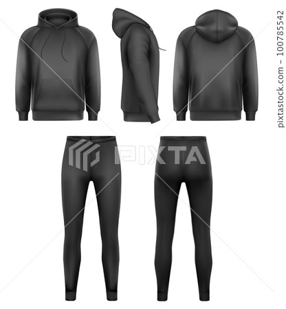 Blank black hoodies and black leggings mockup, front and back and side view. Vector Blank black hoodies and black leggings mockup, front and back and side view. Vector 100785542