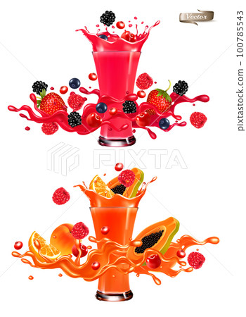 Whole and slice of berries and fruit in a jiuce.  Strawberries, raspberries, cherries, blueberries in a wave of juice with splashes and glasses of juice. Realistic transparent isolated vector set. 100785543