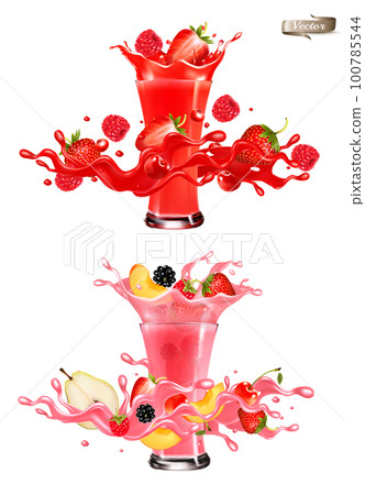 Whole and slice of berries and fruit in a jiuce.  Strawberries, raspberries, cherries, blueberries in a wave of juice with splashes and glasses of juice. Realistic transparent isolated vector set. 100785544