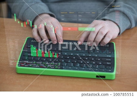 The blind person uses a computer with a Braille display and a computer keyboard. HUD menu. Stock charts. broker terminal. Inclusive device. The blind person uses a computer with a Braille display and a computer keyboard. HUD menu. Stock charts. broker terminal. Inclusive device. 100785551