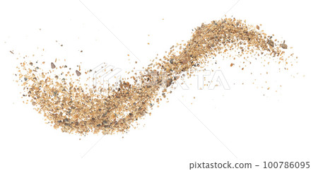 Big size Sand flying explosion, Golden grain wave explode. Abstract cloud fly. Yellow colored sand splash throwing in Air. White background Isolated high speed shutter, throwing freeze stop motion 100786095