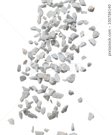 Rock gravel fall down pouring, gray stone pebbles rock explode abstract cloud fly. Construction rock stone splash in air, object design. White background isolated freeze shot, selective focus blur 100786140