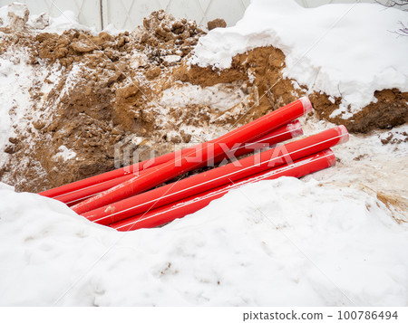 Sewer work. Sewer pipes. Pipe replacement. Sewer work. Sewer pipes. Pipe replacement. 100786494