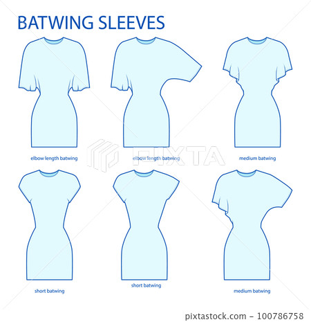 Set of Batwing sleeves clothes elbow, medium, short length technical fashion illustration with fitted body. Flat apparel Set of Batwing sleeves clothes elbow, medium, short length technical fashion illustration with fitted body. Flat apparel 100786758