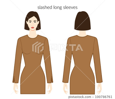 Slashed sleeves long length clothes character beautiful lady in brown top, shirt, dress technical fashion illustration 100786761