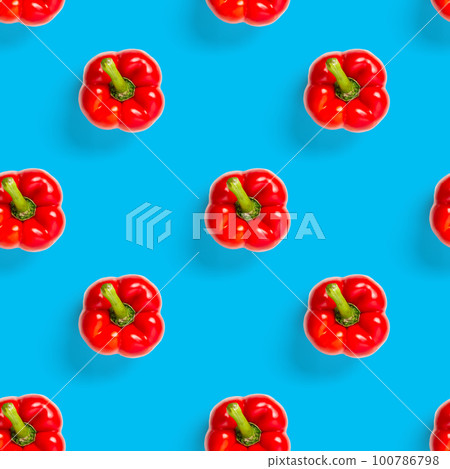 seamless pattern of bulgarian red pepper on blue background. wallpaper, print pattern, top view, flat layout, isolated 100786798