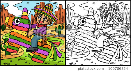 Cinco de Mayo Child Riding Pinata Illustration Cinco de Mayo Child Riding Pinata Illustration 100786834