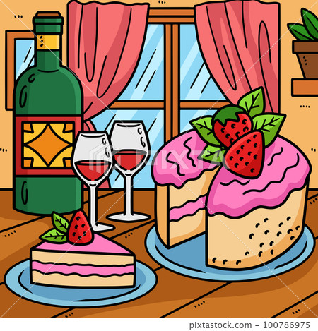 Wedding Cake And Wine Colored Cartoon Illustration Wedding Cake And Wine Colored Cartoon Illustration 100786975