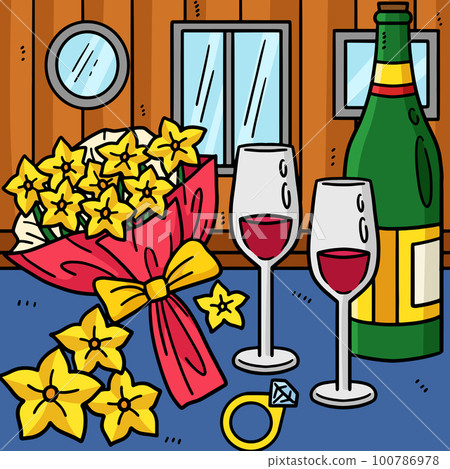 Wedding Glass of Wine Ring Flowers Colored Cartoon Wedding Glass of Wine Ring Flowers Colored Cartoon 100786978