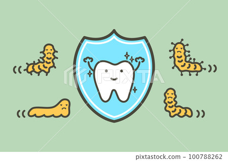 Healthy tooth by protection bacteria, microbe or virus by shield - dental cartoon vector flat style Healthy tooth by protection bacteria, microbe or virus by shield - dental cartoon vector flat style 100788262