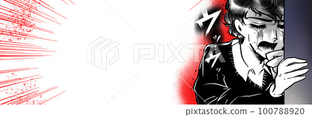 A wide-size illustration of a 70's girl's cartoon handsome man witnessing something through a gap in the wall and crying loudly 100788920