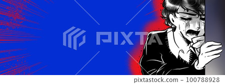 A wide-size illustration of a 70's girl's cartoon handsome man witnessing something through a gap in the wall and crying loudly 100788928