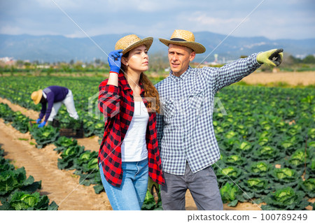 Farmer gives assignment to hired worker on field Farmer gives assignment to hired worker on field 100789249