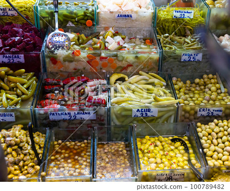 Natural marinades and pickles on Turkish market counter Natural marinades and pickles on Turkish market counter 100789482