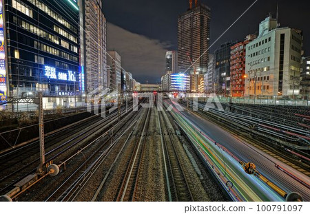 The area around the terminal station at night and the tracks 100791097