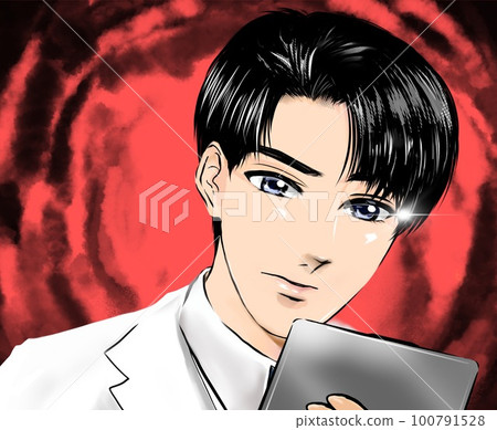 Color cartoon illustration of a handsome black-haired doctor in a white coat staring at something with suspicious eyes Dark cloud background Color cartoon illustration of a handsome black-haired doctor in a white coat staring at something with suspicious eyes Dark cloud background 100791528