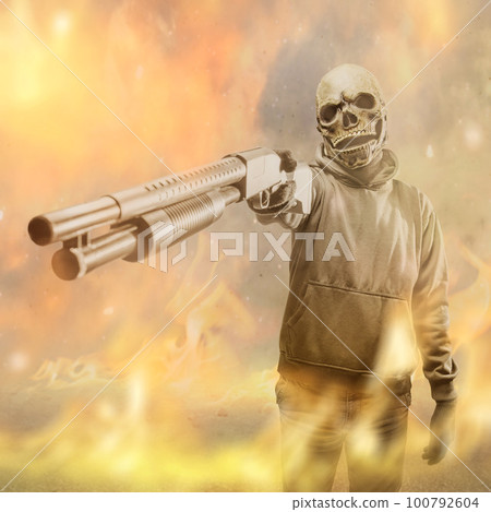 Man wearing a mask holding a gun Man wearing a mask holding a gun 100792604