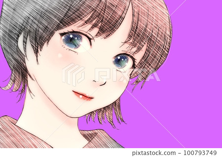 一個短髮女孩的線條畫彩色插圖，給人以積極的印象背景 = 紫色水平反轉版本 100793749