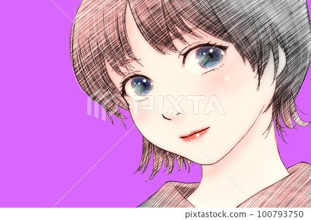 一個短髮女孩的線條畫彩色插圖，具有積極的印象背景 = 紫色 100793750