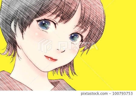 Line drawing color illustration of a girl with short hair that gives a positive impression Background = yellow Horizontally reversed version Line drawing color illustration of a girl with short hair that gives a positive impression Background = yellow Horizontally reversed version 100793753
