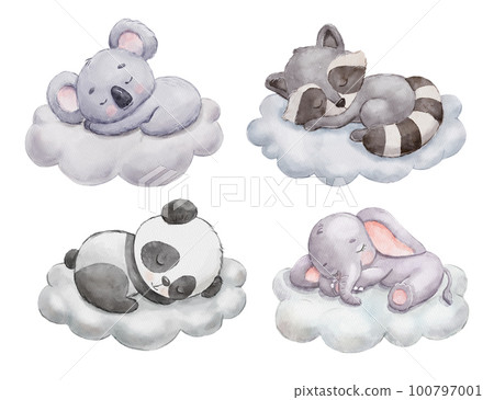 Cute dreaming elephant, koala, raccoon and panda on cloud. Cartoon hand drawn watercolor illustration set. Baby animals Cute dreaming elephant, koala, raccoon and panda on cloud. Cartoon hand drawn watercolor illustration set. Baby animals 100797001