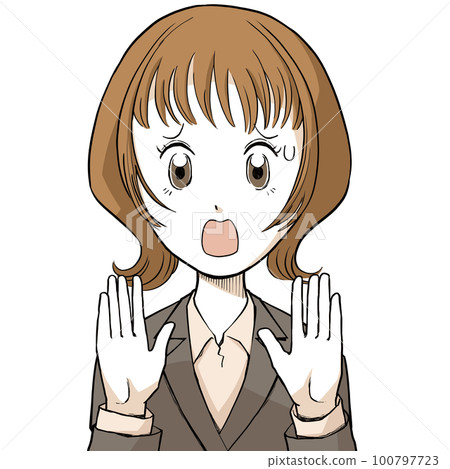 一個女人舉起手,表情困惑 一個女人舉起手,表情困惑 100797723
