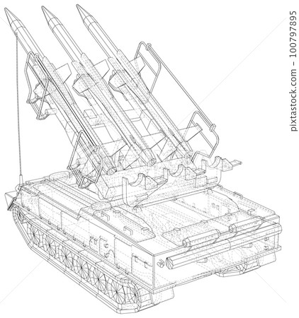 Tactical short range ballistic missile on truck. Special military equipment. EPS10 format. Vector created of 3d Tactical short range ballistic missile on truck. Special military equipment. EPS10 format. Vector created of 3d 100797895