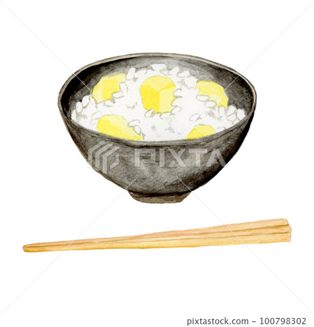美味的栗子飯和筷子的手繪水彩插圖 美味的栗子飯和筷子的手繪水彩插圖 100798302