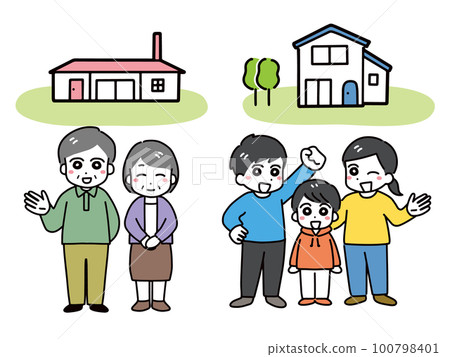 A house for two elderly couples and a young family of three with children (full body) 100798401