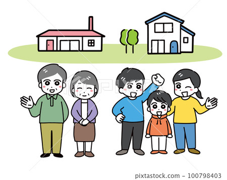 An elderly couple and a young family with children living in separate houses on the same property (full body) 100798403