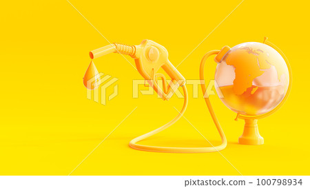 Oil in yellow globe. Gasoline injector fuel pump nozzle and oil drop on Yellow background. Concept oil industry and refuel service. Designed in minimal concept. Oil in yellow globe. Gasoline injector fuel pump nozzle and oil drop on Yellow background. Concept oil industry and refuel service. Designed in minimal concept. 100798934
