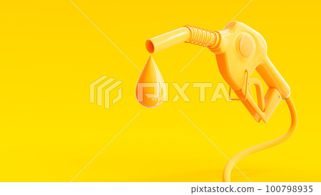Gasoline yellow injector fuel pump nozzle and oil drop on Yellow background. Can be used text input or banner related to oil industry and refuel service. Designed in minimal concept. 100798935