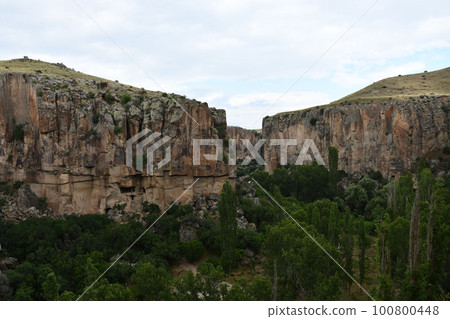View of the Ihlara valley with cliff edge and forest in Aksaray, Central Anatolia, Turkey View of the Ihlara valley with cliff edge and forest in Aksaray, Central Anatolia, Turkey 100800448