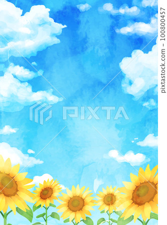 水彩向日葵和藍天矢量圖背景 100800457