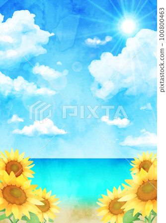 水彩向日葵、大海和沙灘的矢量圖解背景 100800463