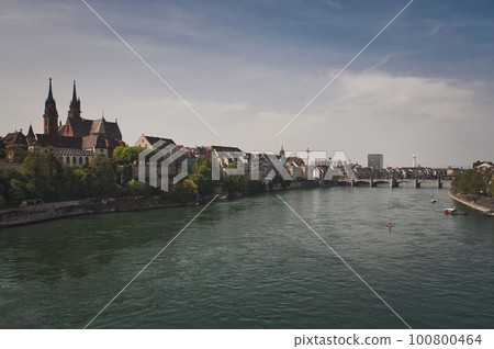 Beautiful architecture of Basel, Switzerland, at the River Rhine on a sunny day 100800464