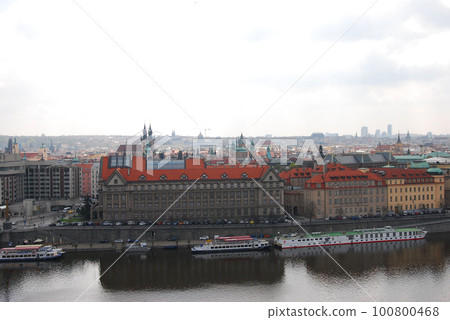 Aerial view of Prague's historic old town on the Vltava River in Prague, Czech Republic 100800468