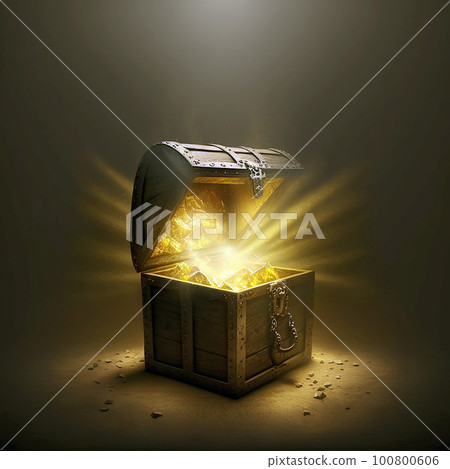 一個黑暗的空間，裡面有一個裝有發光寶藏的寶箱 100800606